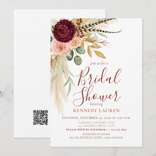 Pampasgras Boho Floral Brautparty QR-Code Einladung (Vorne/Hinten)