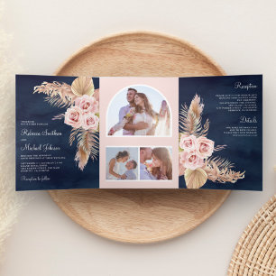 Pampasgras Dustrosa Rosen Navyblaue Hochzeit Dreifach Gefaltete Einladung