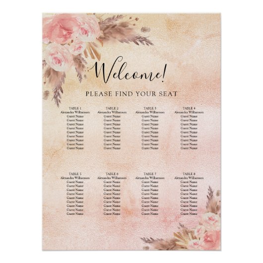 Pampasgras Rosa Blumenmuster Sitzkarte Poster (Vorderseite)