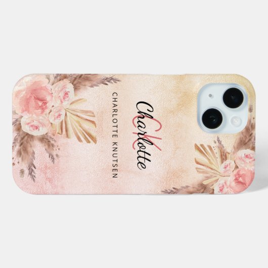 Pampasgras Rosa Flora Monogramm Case-Mate iPhone Hülle (Rückseite (Horizontal))