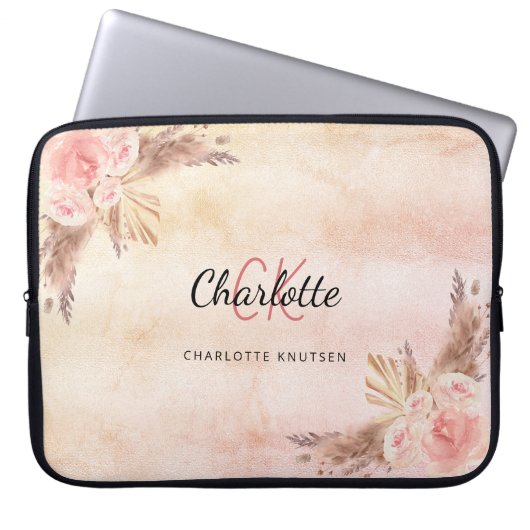 Pampasgras Rosa Flora Monogramm Laptopschutzhülle (Vorderseite)