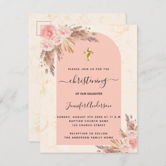 Pampasgras-Rose, goldfarbener Marmor Einladungspostkarte (Vorne/Hinten)