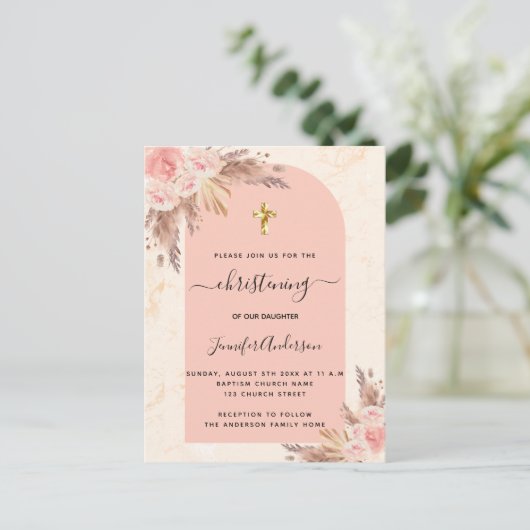 Pampasgras-Rose, goldfarbener Marmor Einladungspostkarte (Stehend Vorderseite)