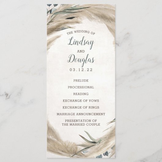 Pampasgras- und Grünzeug-Boho-Hochzeitsprogramme Programm (Vorderseite)