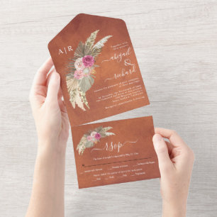 Pampasgras und Palmen gefärbt Terrakotta Hochzeit All In One Einladung