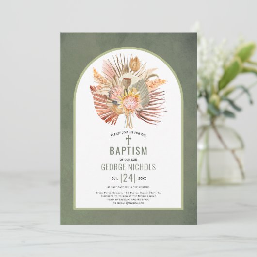 Pampasgras und Palmengras, graugrüne Taufe Einladung (Stehend Vorderseite)