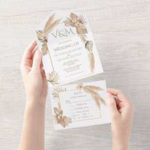 Pampasgras und Palmwedel mit Orchideen Hochzeit All In One Einladung