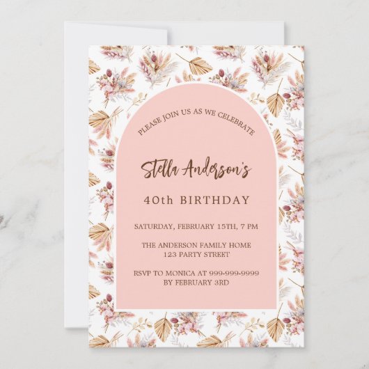 Pampelgras-Blume Rose Rosa Einladung (Vorderseite)