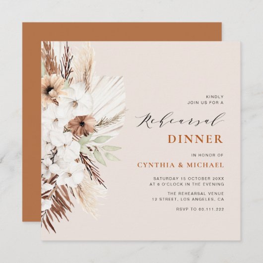 Pampelgras Terracotta boho Probe Dinner Einladung (Vorne/Hinten)