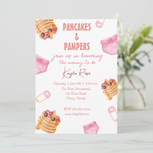 Pampers und Pancakes Babydusche Einladung (Stehend Vorderseite)