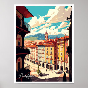 Pamplona Spanien Kunst Vintage Reise Illustration Poster