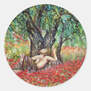 PAN, OLIVENBAUM UND MOHNBLUMEN-FELDER RUNDER AUFKLEBER