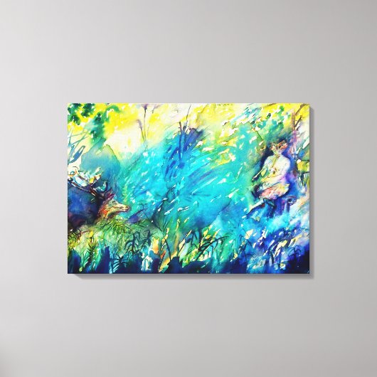 PAN PLAYING FLUTE AND DEINE IN GREEN WOODLAND LEINWANDDRUCK (Vorderseite)