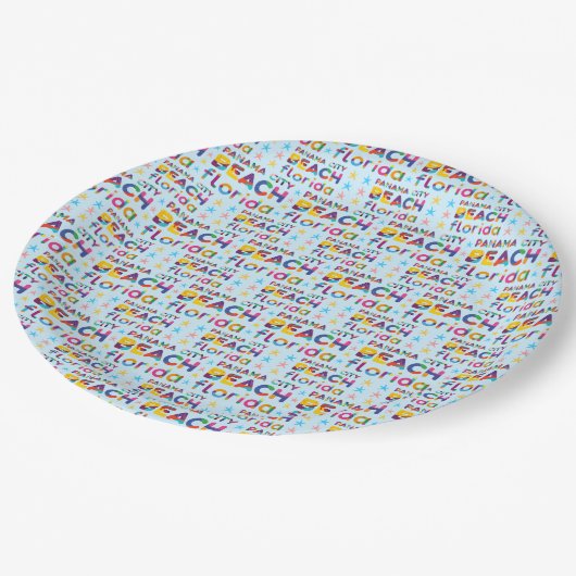 Panama City Beach, Florida. Farbiges Textmuster Pappteller (Schrägansicht)