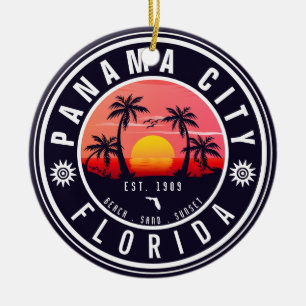 Panama City Beach Florida Retro Sunset Palm Tree Keramik Ornament