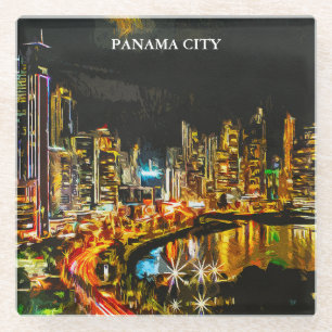 Panama City by Night Wassercolor Skyline Malerei Glasuntersetzer