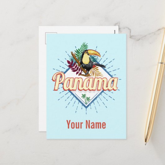 Panama City Toucan Retro Palmen Vintag Feiertagspostkarte (Vorderseite/Rückseite Beispiel)