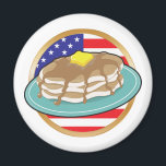 Pancake American Flag Magnet<br><div class="desc">Ein Stapel Pfannkuchen mit Sirup und Butter und die amerikanische Flagge im Hintergrund. Passen Sie dieses Objekt mit einem Namen, Kommentar oder was auch immer Sie möchten, um es wirklich einzigartig!</div>