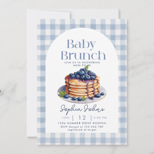 Pancake Blueberry Gingham Baby Brunch Babydusche Einladung (Vorderseite)