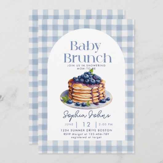 Pancake Blueberry Gingham Baby Brunch Babydusche Einladung (Vorne/Hinten)