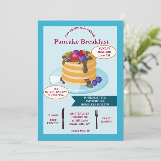 Pancake Breakfast Fundraising Einladung (Stehend Vorderseite)