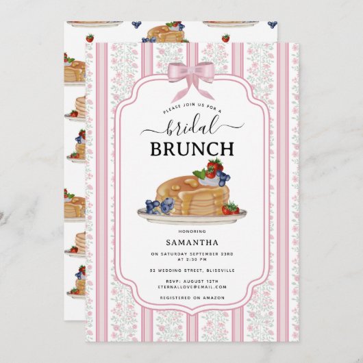 Pancakes Brunch Pink Botanical Bridal Shower Einladung (Vorne/Hinten)
