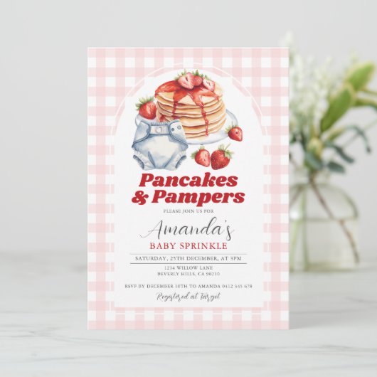 Pancakes Diaper Kinderdusche Pink Gingham Einladung (Stehend Vorderseite)