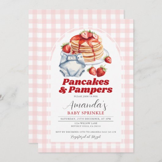 Pancakes Diaper Kinderdusche Pink Gingham Einladung (Vorne/Hinten)