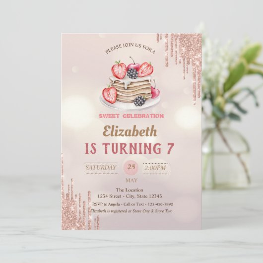 Pancakes Glitzer Tropfens Bokeh Geburtstag Einladung (Stehend Vorderseite)