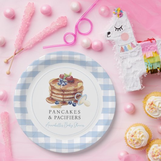 Pancakes & Pacifiers Blue Gingham Boy Baby Shower Pappteller (Party)