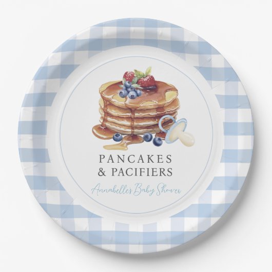 Pancakes & Pacifiers Blue Gingham Boy Baby Shower Pappteller (Vorderseite)