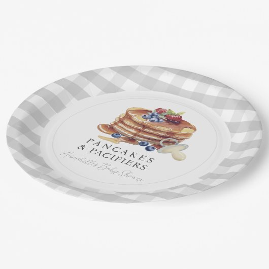 Pancakes & Pacifiers Gray Gingham Baby Shower Pappteller (Schrägansicht)