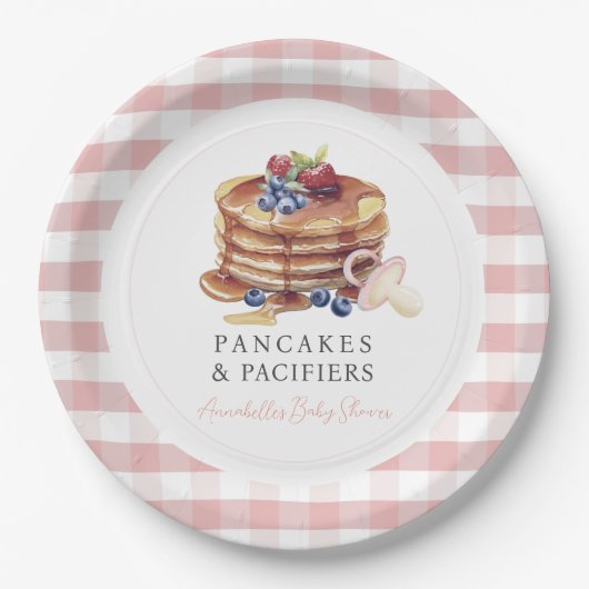 Pancakes & Pacifiers Rosa Gingham-Junge-Baby-Party Pappteller (Vorderseite)