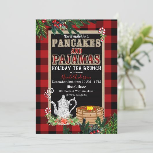 Pancakes & Pajamas Holiday Tee Brunch Rustikal Kar Einladung (Stehend Vorderseite)