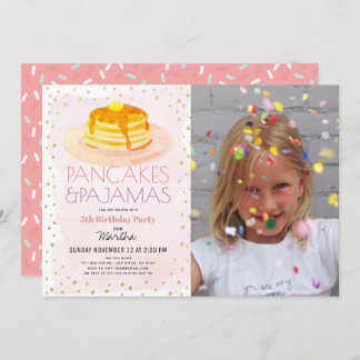 Pancakes & Pajamas Pink Gold Girl Foto Geburtstag Einladung