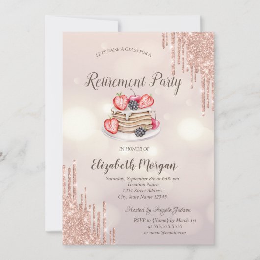 Pancakes Rose Gold Tropfen Bokeh Rückgabe Einladung (Vorderseite)