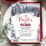 Pancakes und Karierte Feiertage, rustikal Einladung<br><div class="desc">Feiern Sie die Urlaubssaison (oder Herbst/Winter Geburtstag) mit einem lustigen Pancakes und Kariertem Party! Einladung mit Aquarellbergen und Waldlandschaft und Fuchs spielen im Schnee. Buffalo karierte schwarz und rot karierte Muster auf der Rückseite und Details auf der Vorderseite. —Für Textanpassungen können Sie dieses Design mit dem Designwerkzeug bearbeiten.</div>