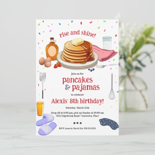 Pancakes und Pajamas Frühstück Party Einladung (Stehend Vorderseite)