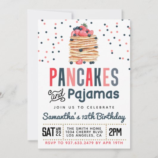 Pancakes und Pajamas Geburtstag Einladung (Vorderseite)