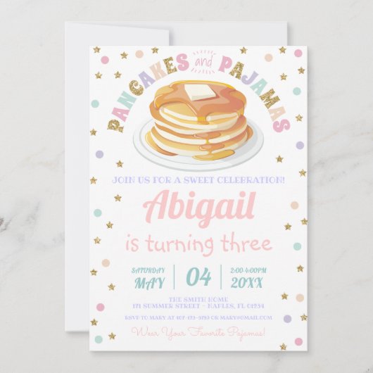 Pancakes und Pajamas Glitzer Dot Star Kind Geburts Einladung (Vorderseite)