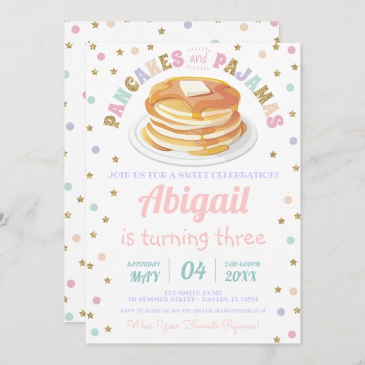 Pancakes und Pajamas Glitzer Dot Star Kind Geburts Einladung (Vorne/Hinten)