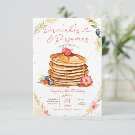 Pancakes und Pajamas Party Geburtstag Einladung (Stehend Vorderseite)