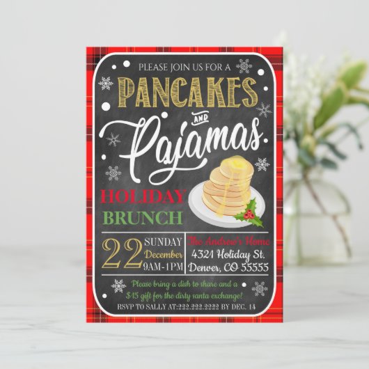 Pancakes und Pajamas Weihnachts-Party Einladung (Stehend Vorderseite)