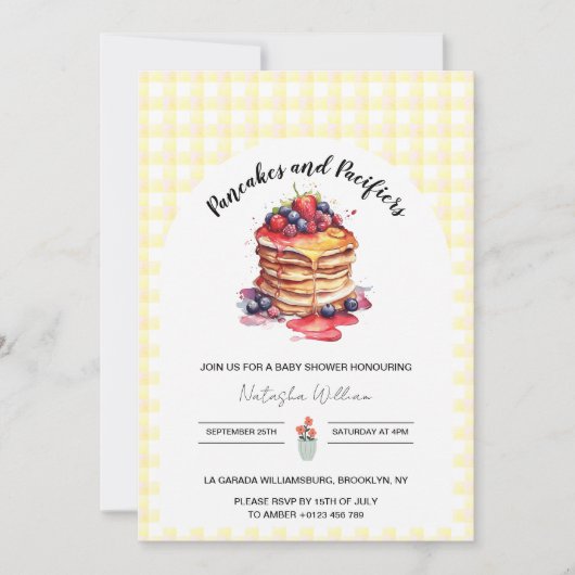 Pancakes und Schnuller Gingham Kariert Baby Shower Einladung (Vorderseite)