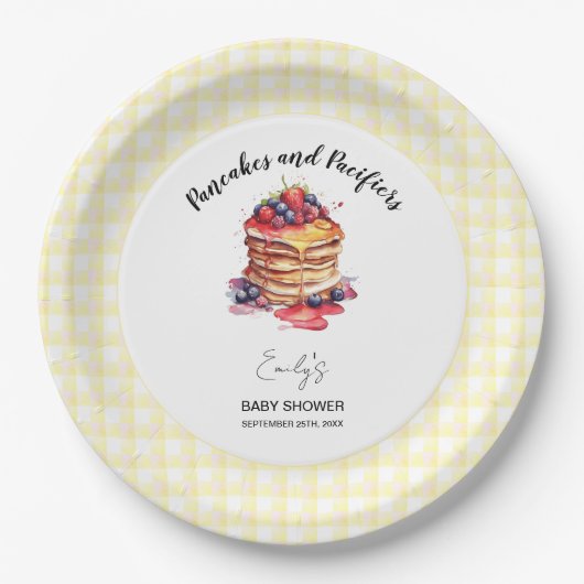 Pancakes und Schnuller Gingham Kariert Baby Shower Pappteller (Vorderseite)