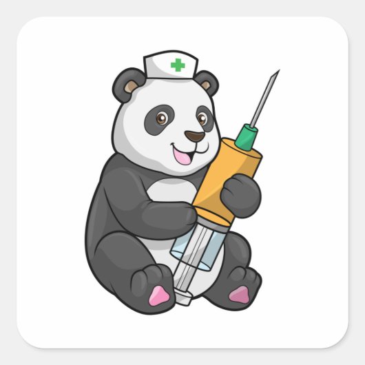 Panda als Krankenschwester mit Spritze Quadratischer Aufkleber (Vorderseite)
