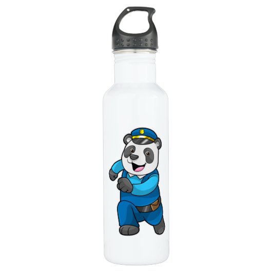 Panda als Polizeibeamter mit Polizeihelm Edelstahlflasche (Vorderseite)