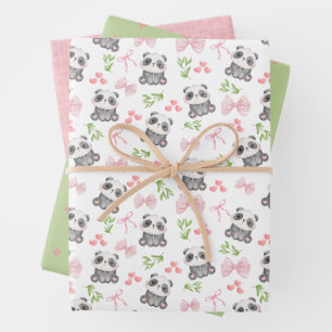 Panda and Bows Wrapping Paper Flat Sheet Set 3 Geschenkpapier Set