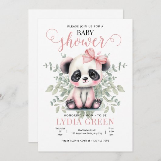 Panda Baby Duschgrün Mädchen Babydusche Einladung (Vorne/Hinten)