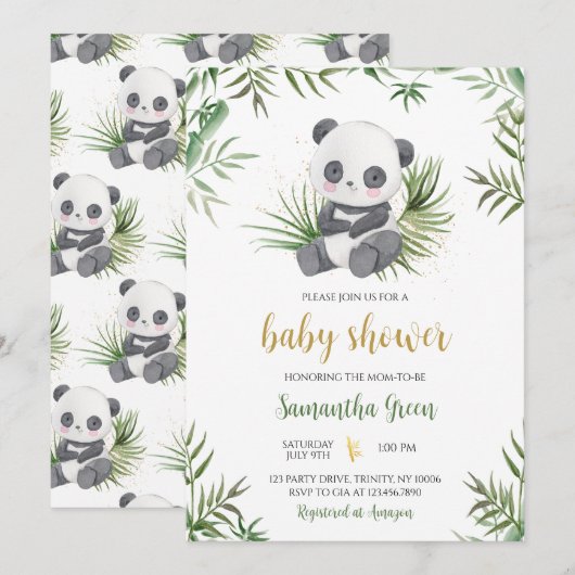 Panda Bamboo Babydusche Einladung (Vorne/Hinten)